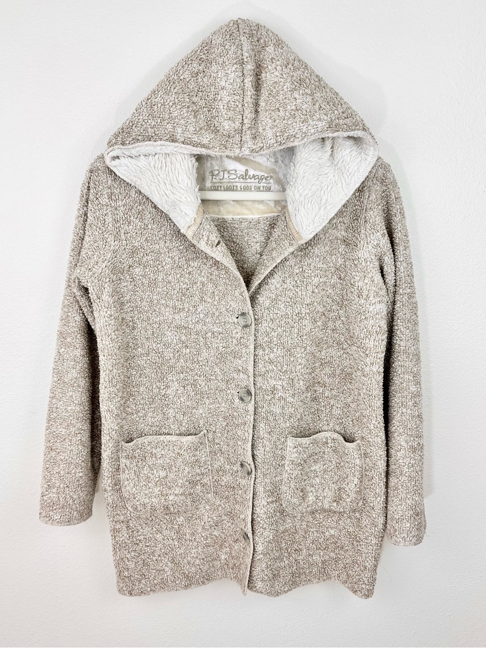 PJ Salvage Small Neutral Oatmeal Fleece Hooded Button-Up Longline Cardigan